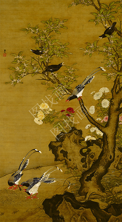 明 吕纪 桂菊山禽图 绢本 55x100cm